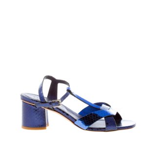 DEL CARLO donna sandalo Ben a fasce incrociate in pelle stampa rettile BLU OCEANO. Tacco 5,5 cm