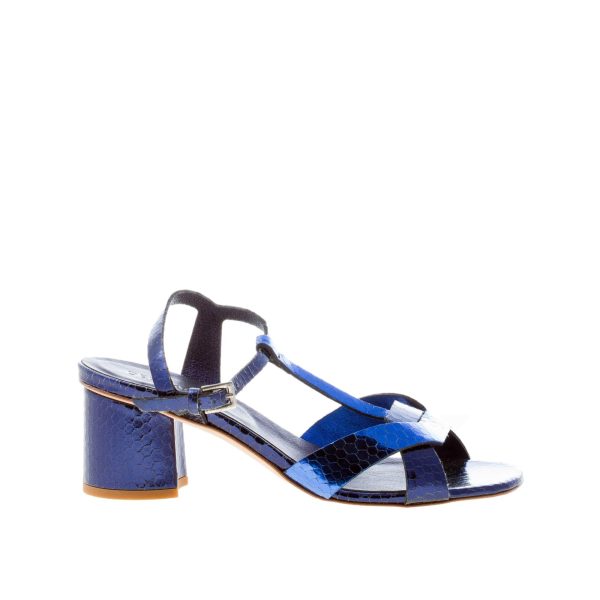 DEL CARLO donna sandalo Ben a fasce incrociate in pelle stampa rettile BLU OCEANO. Tacco 5,5 cm