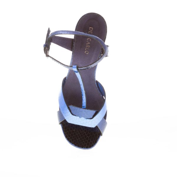 DEL CARLO donna sandalo Ben a fasce incrociate in pelle stampa rettile BLU OCEANO. Tacco 5,5 cm - immagine 7