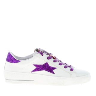 OKINAWA donna sneaker LOW PLUS 2325 in pelle BIANCO con glitter viola