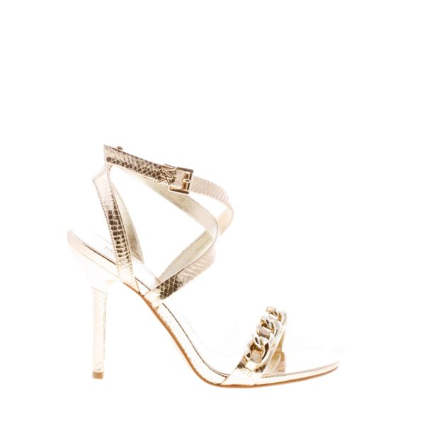 MICHAEL KORS donna sandalo Asha in pelle stampa rettile ORO con catena. Tacco 9 cm
