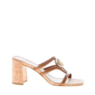 MICHAEL KORS donna sandalo slide Hampton in pelle CUOIO con placca logo. Tacco 8 cm
