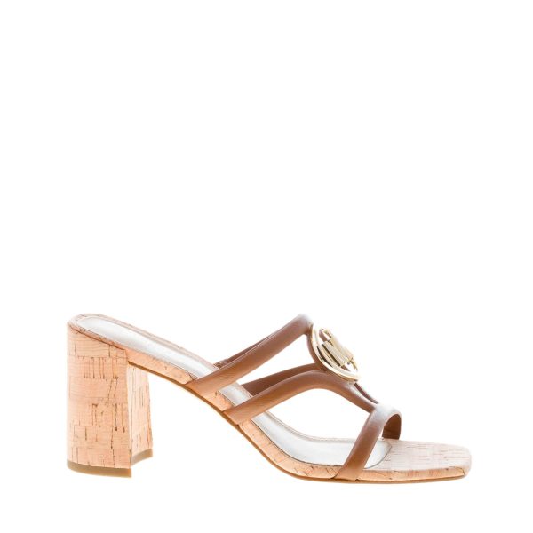 MICHAEL KORS donna sandalo slide Hampton in pelle CUOIO con placca logo. Tacco 8 cm