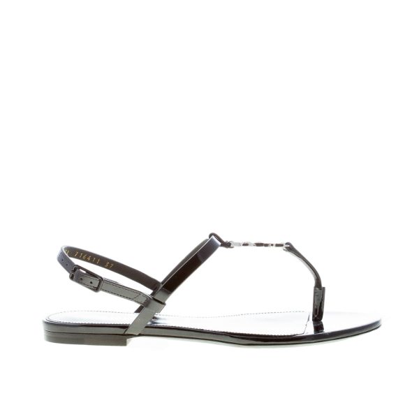 SAINT LAURENT donna sandalo infradito Cassandra flat in vernice NERO con strass