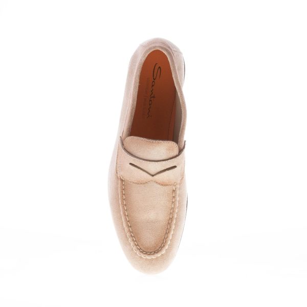 SANTONI uomo mocassino Goodyear in camoscio anticato BEIGE con mascherina. Suola cuoio - immagine 7