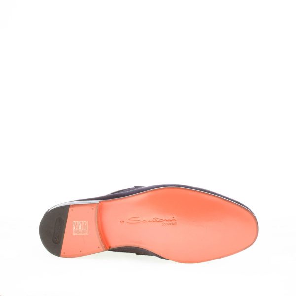 SANTONI uomo mocassino classico Goodyear in camoscio BLU NOTTE con mascherina. Suola cuoio - immagine 8