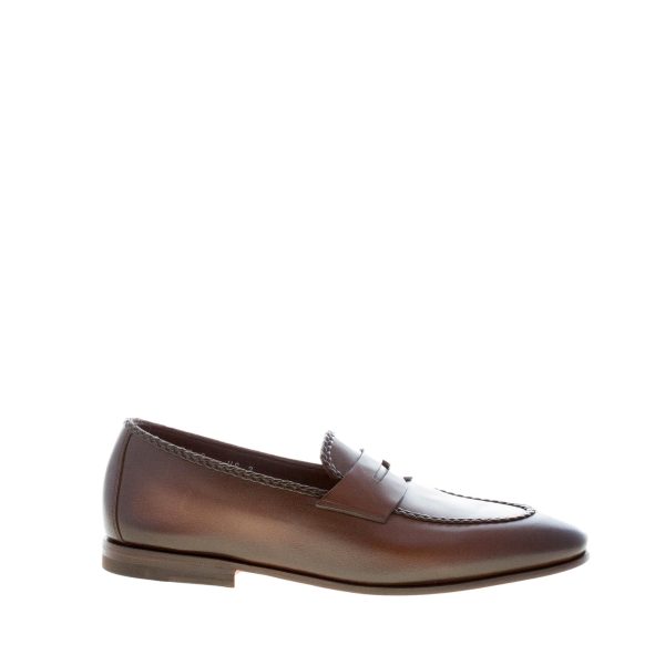 SANTONI uomo mocassino classico Goodyear in pelle TESTA DI MORO con mascherina. Suola cuoio