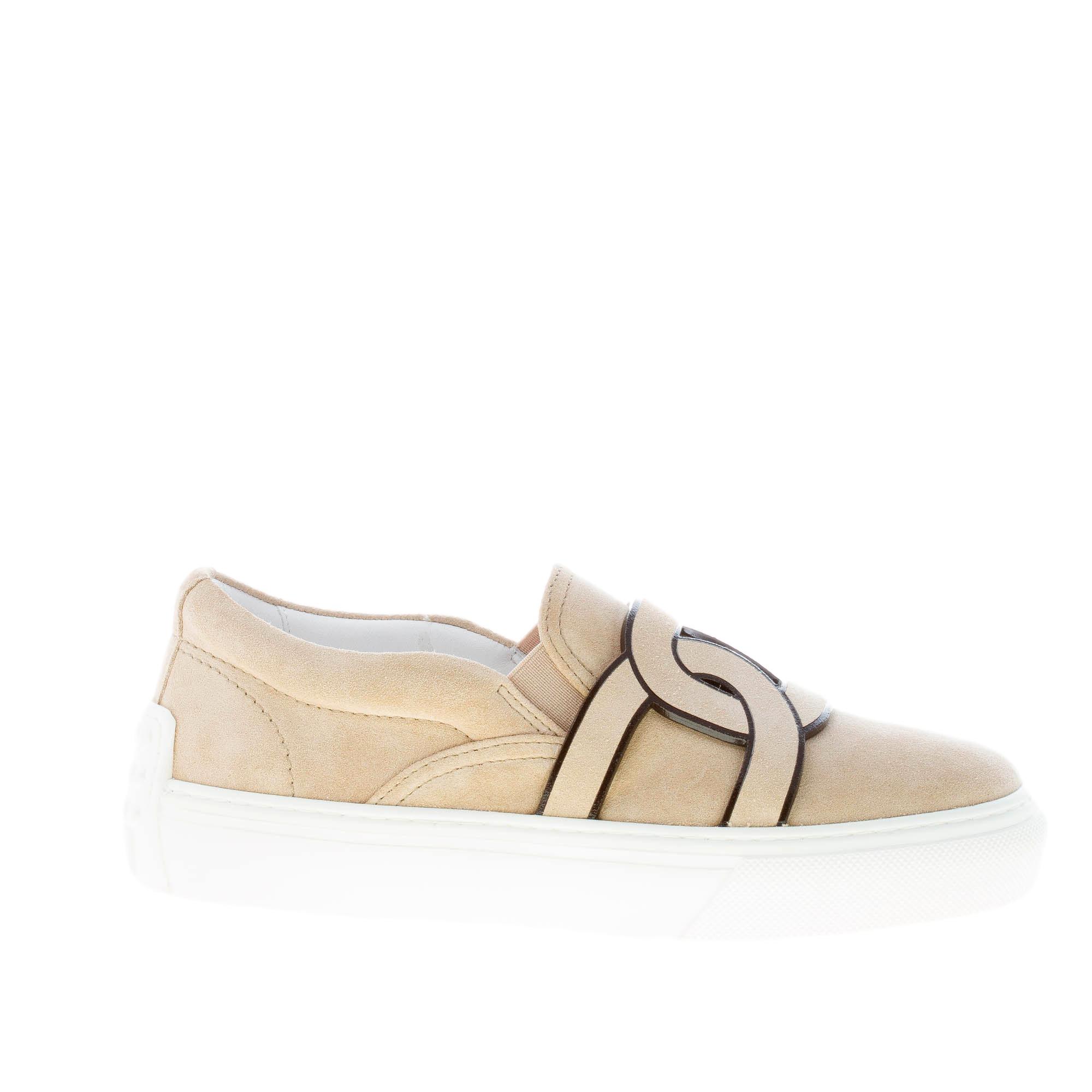 TOD S donna sneaker slip on Kate in camoscio BEIGE con dettaglio catena Strike Calzature