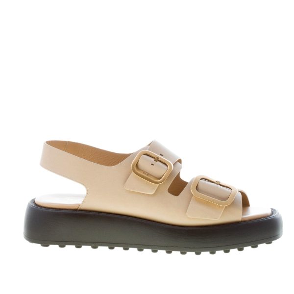 TOD'S donna sandalo in pelle BEIGE con doppia fibbia in metallo oro. Suola gomma