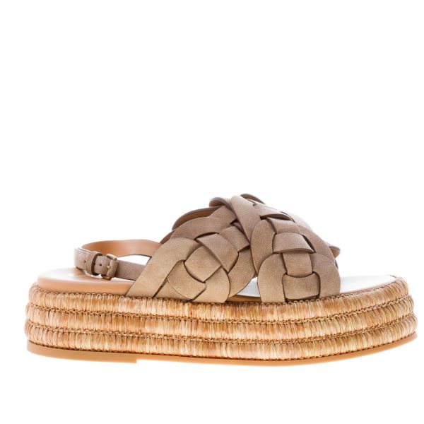 TOD'S donna sandalo zeppa in camoscio TABACCO CHIARO con fasce intrecciate e rafia. Zeppa 4,5 cm