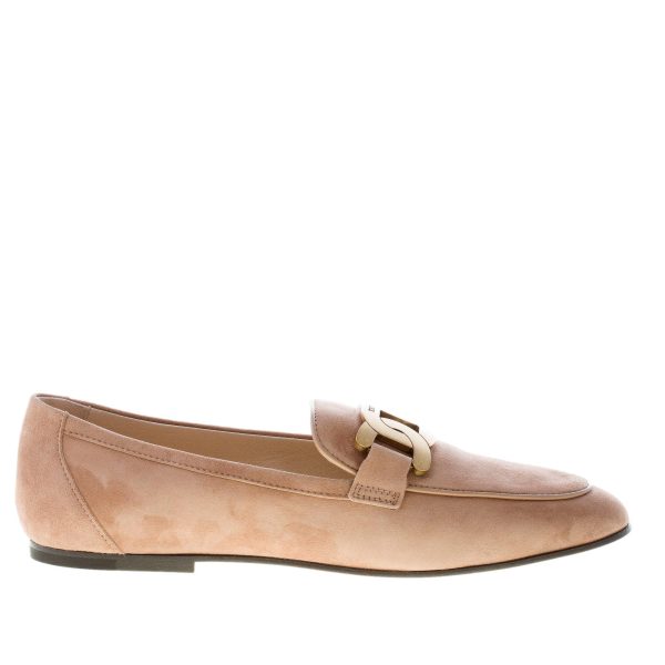 TOD'S donna mocassino Kate in camoscio BEIGE con catena. Suola cuoio