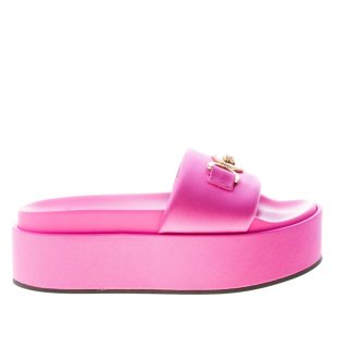 VERSACE sandalo platform slide in raso ROSA con emblema gioiello Medusa '95. Zeppa 6 cm