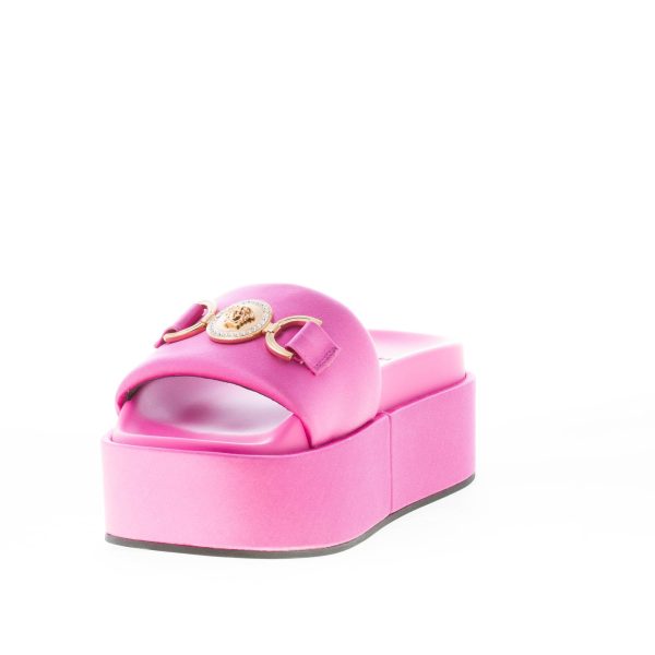 VERSACE sandalo platform slide in raso ROSA con emblema gioiello Medusa '95. Zeppa 6 cm - immagine 6
