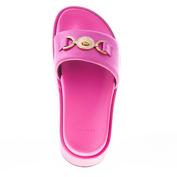 VERSACE sandalo platform slide in raso ROSA con emblema gioiello Medusa '95. Zeppa 6 cm - immagine 7