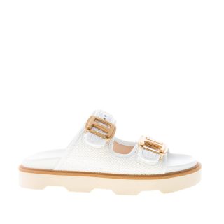 HOGAN donna sandalo ciabatta H620 in rafia BIANCO con accessorio H oro