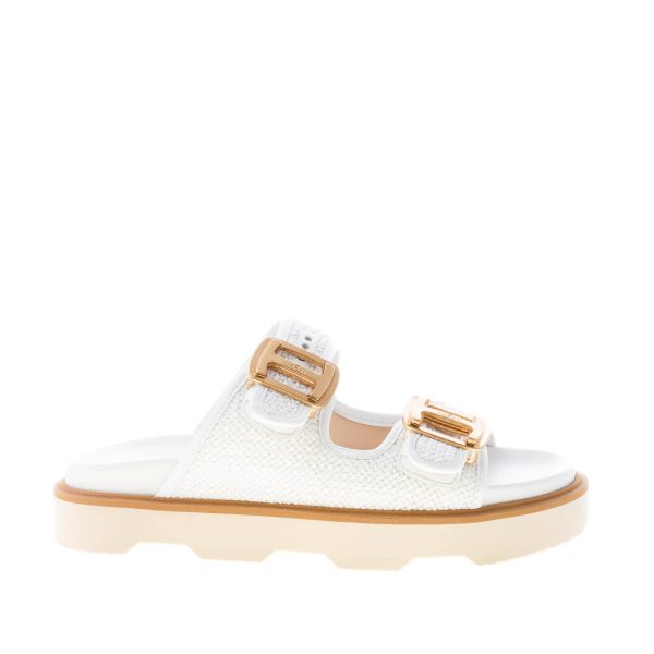 HOGAN donna sandalo ciabatta H620 in rafia BIANCO con accessorio H oro