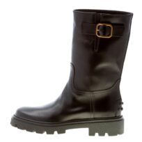 TOD'S donna stivaletto biker in pelle semi-lucida NERO con fibbia oro. Tacco 3 cm