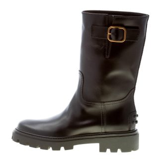 TOD'S donna stivaletto biker in pelle semi-lucida NERO con fibbia oro. Tacco 3 cm