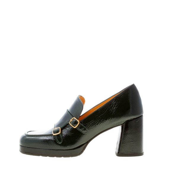 MARA BINI donna mocassino Alma in naplak VERDE MUSCHIO con doppia fibbia. Tacco 7 cm