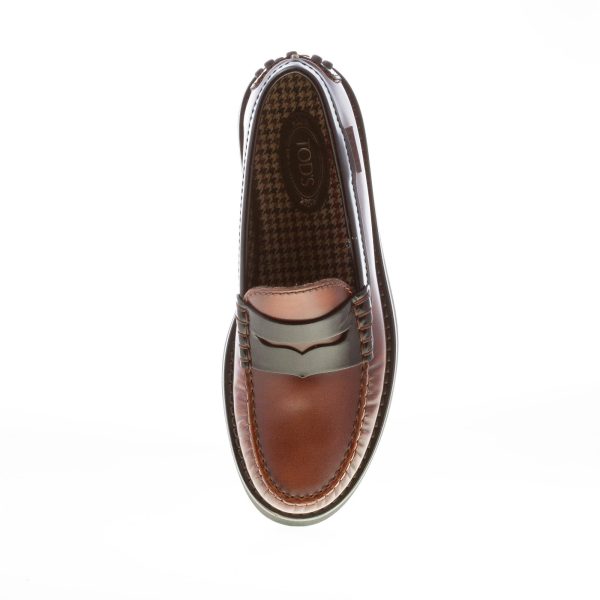 TOD'S donna mocassino penny in pelle semilucida CUOIO e NERO con gommini. Suola gomma - immagine 7