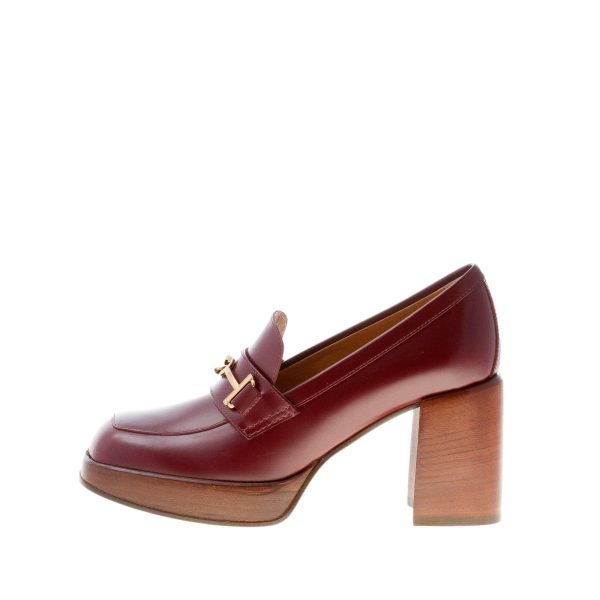 TOD'S donna mocassino Platform in pelle BURGUNDY con accessorio doppia T oro. Tacco 8,5