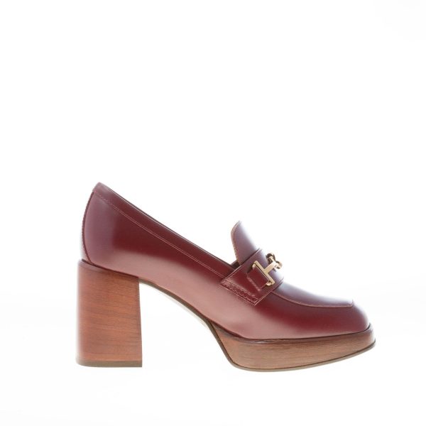 TOD'S donna mocassino Platform in pelle BURGUNDY con accessorio doppia T oro. Tacco 8,5 - immagine 5