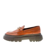 HOGAN donna mocassino H648 in pelle CUOIO con accessorio H in metallo oro. Tacco 5 cm