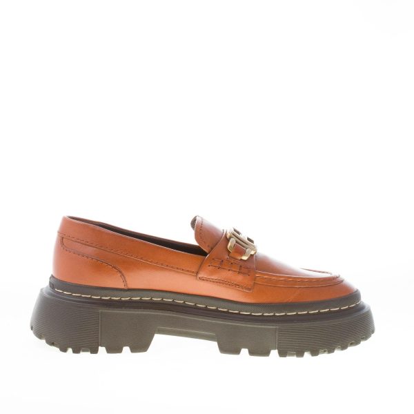 HOGAN donna mocassino H648 in pelle CUOIO con accessorio H in metallo oro. Tacco 5 cm - immagine 5