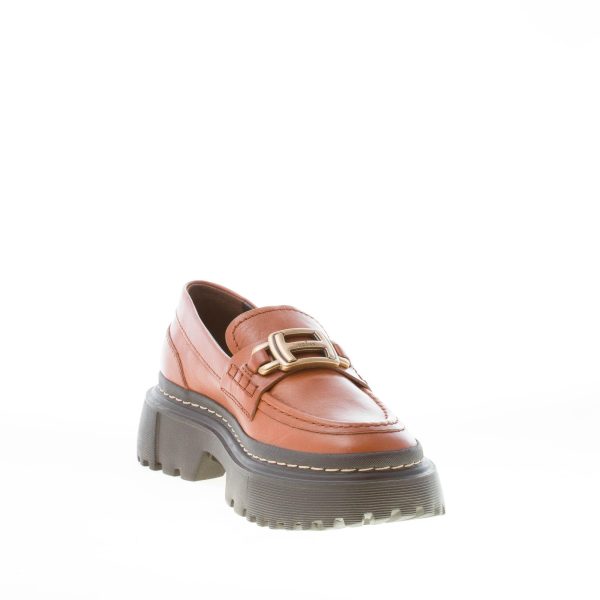 HOGAN donna mocassino H648 in pelle CUOIO con accessorio H in metallo oro. Tacco 5 cm - immagine 6