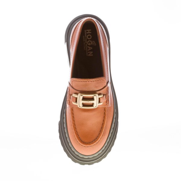 HOGAN donna mocassino H648 in pelle CUOIO con accessorio H in metallo oro. Tacco 5 cm - immagine 7