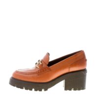 HOGAN donna mocassino H649 in pelle CUOIO con accessorio H in metallo oro. Tacco 7,5 cm