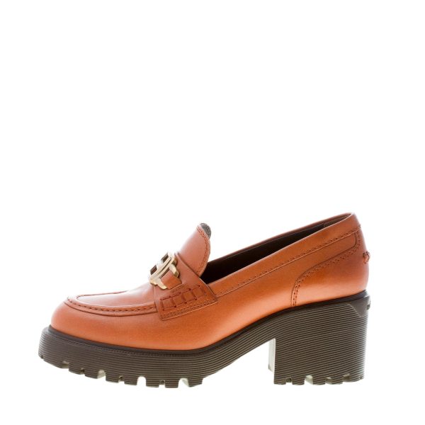 HOGAN donna mocassino H649 in pelle CUOIO con accessorio H in metallo oro. Tacco 7,5 cm