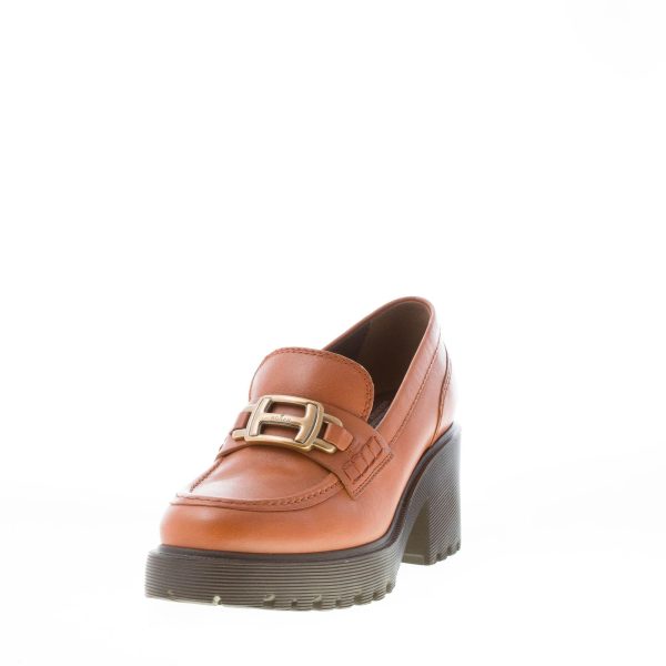 HOGAN donna mocassino H649 in pelle CUOIO con accessorio H in metallo oro. Tacco 7,5 cm - immagine 2