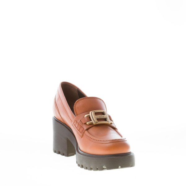 HOGAN donna mocassino H649 in pelle CUOIO con accessorio H in metallo oro. Tacco 7,5 cm - immagine 6