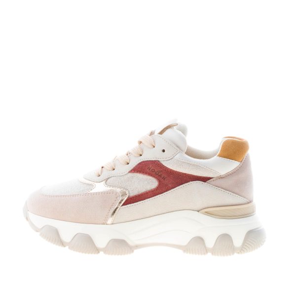 HOGAN donna Hyperactive sneaker in camoscio e tessuto shiny BEIGE più bordeaux