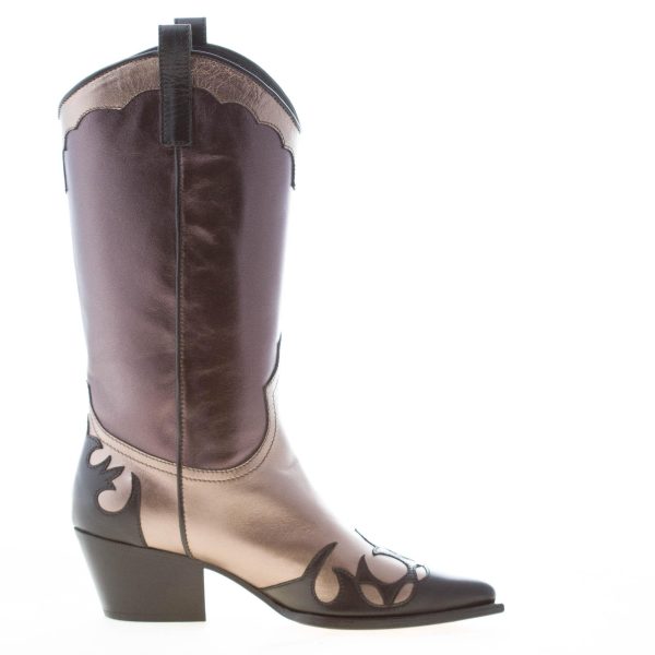 MARIA CRISTINA donna stivale texano in pelle laminata NERO e BRONZO. Tacco 5,5 cm - immagine 4