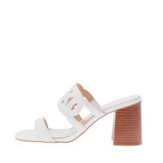 MICHAEL KORS donna sandalo slide Alma in pelle BIANCO con fascia traforata e logo MK. Tacco 8 cm
