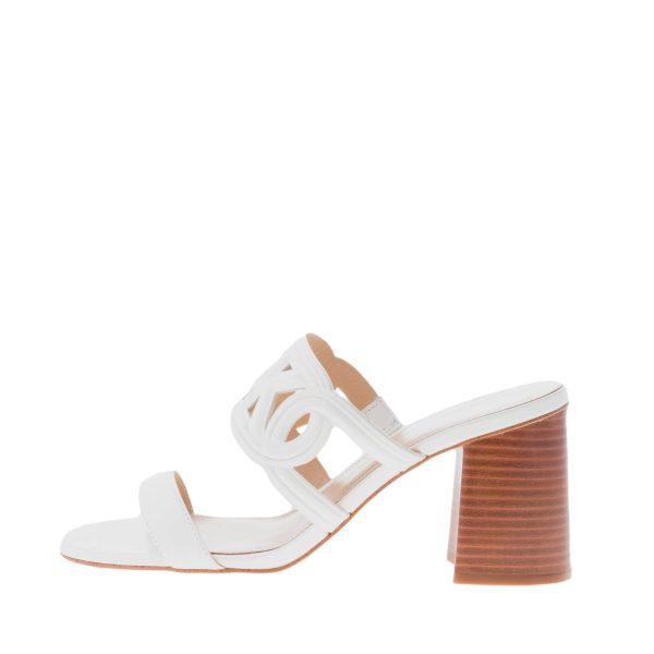 MICHAEL KORS donna sandalo slide Alma in pelle BIANCO con fascia traforata e logo MK. Tacco 8 cm