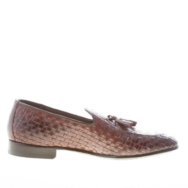 GREEN GEORGE uomo mocassino in pelle intrecciata TESTA DI MORO con nappine. Suola in cuoio - immagine 5