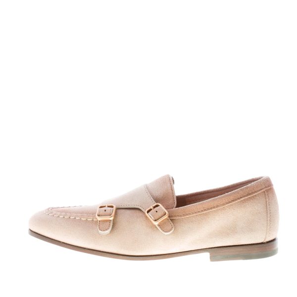 SANTONI uomo mocassino con doppia fibbia in suede BEIGE. Suola cuoio