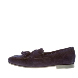 SANTONI uomo mocassino in camoscio BLU con frangia e nappine. Suola cuoio