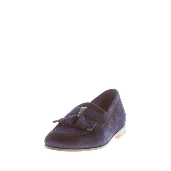SANTONI uomo mocassino in camoscio BLU con frangia e nappine. Suola cuoio - immagine 2