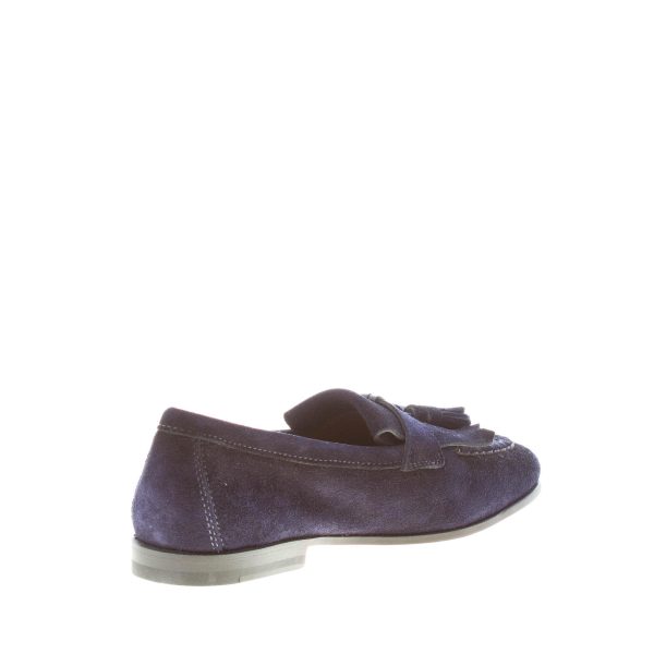 SANTONI uomo mocassino in camoscio BLU con frangia e nappine. Suola cuoio - immagine 4