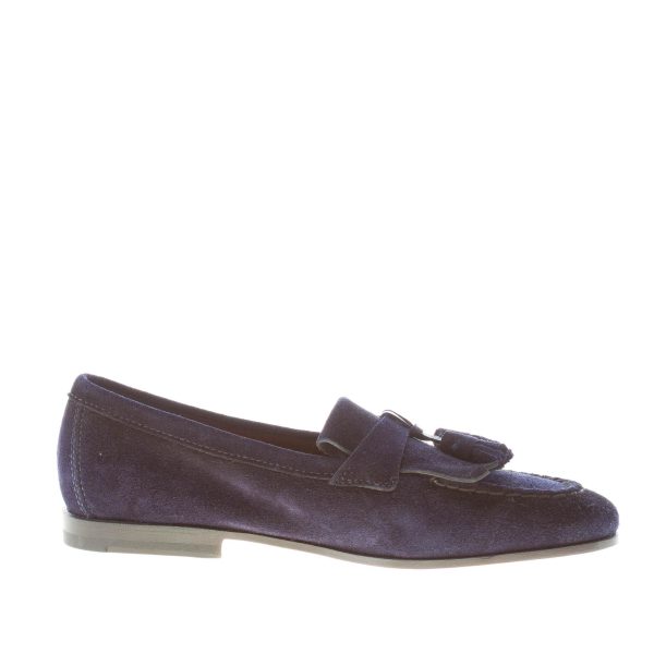SANTONI uomo mocassino in camoscio BLU con frangia e nappine. Suola cuoio - immagine 5