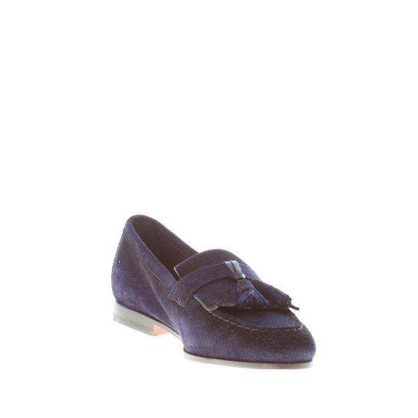 SANTONI uomo mocassino in camoscio BLU con frangia e nappine. Suola cuoio - immagine 6