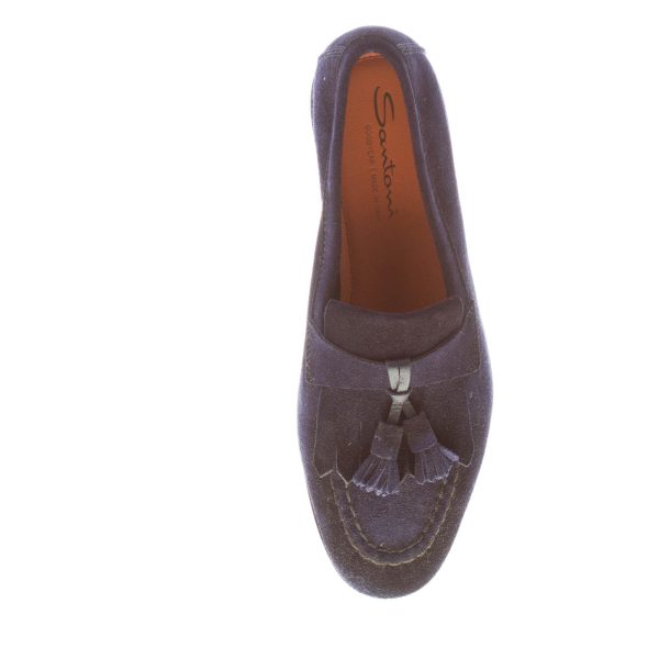 SANTONI uomo mocassino in camoscio BLU con frangia e nappine. Suola cuoio - immagine 7