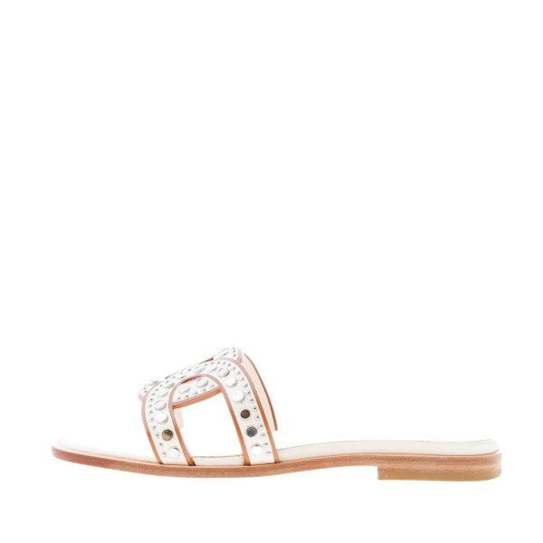 TOD'S donna sandalo ciabatta in pelle CREMA con fascia intrecciata a catena e borchie. Suola cuoio