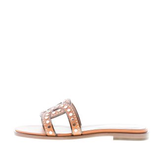 TOD'S donna sandalo ciabatta in pelle CUOIO con fascia intrecciata a catena e borchie. Suola cuoio