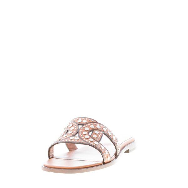 TOD'S donna sandalo ciabatta in pelle CUOIO con fascia intrecciata a catena e borchie. Suola cuoio - immagine 2