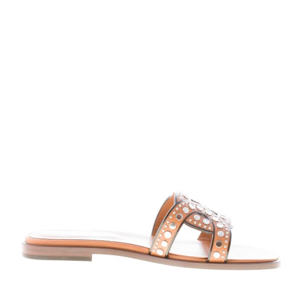 TOD'S donna sandalo ciabatta in pelle CUOIO con fascia intrecciata a catena e borchie. Suola cuoio - immagine 5
